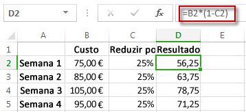Resultados de percentagem na coluna D