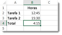Adição de tempo superior a 24 horas que resulta num resultado inesperado de 4:15