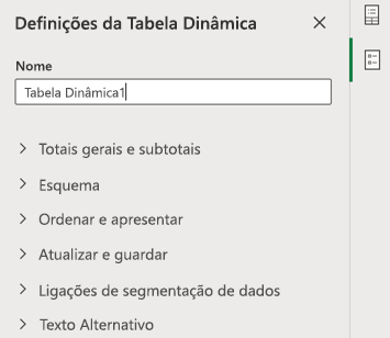Painel de Definições de Tabela Dinâmica no Excel na Web