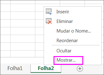 Clique com o botão direito do rato num separador de folha para encontrar folhas de cálculo ocultas.