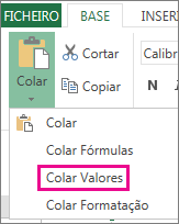 Comando Colar a mostrar Colar Valores no Excel Web App