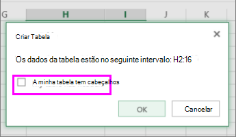 Caixa de diálogo para converter um intervalo de dados numa tabela