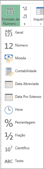 Formatos de número disponíveis