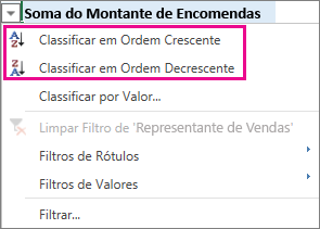 Opções de ordenação Ascendente e Descendente