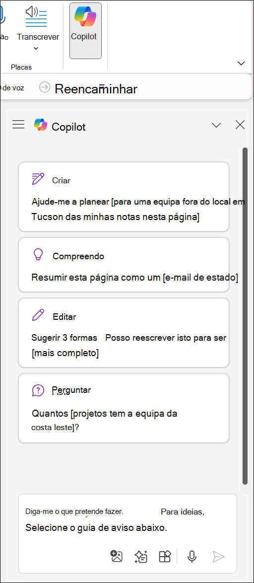 Painel do Copilot no OneNote no lado direito da página.