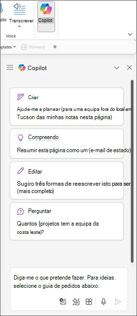 Captura de ecrã do painel Copilot no OneNote
