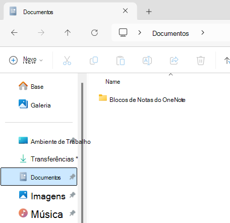 Pasta Documentos a mostrar a subpasta bloco de notas do OneNote.