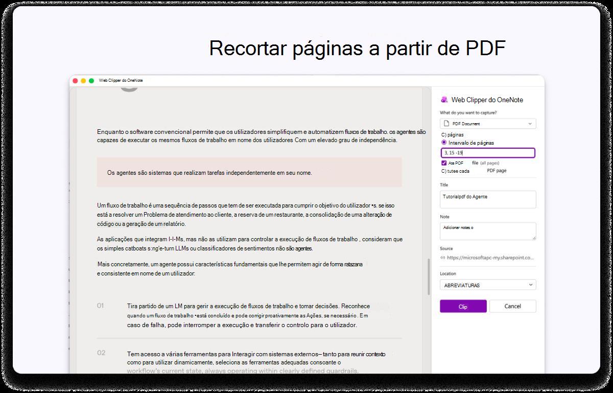Captura de ecrã de uma página PDF com um painel lateral para definições. O texto na parte superior indica para recortar páginas a partir de PDF.