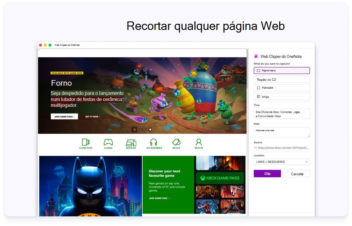 Captura de ecrã de uma página Web completa com um painel lateral para definições. O texto na parte superior indica para recortar qualquer página Web.