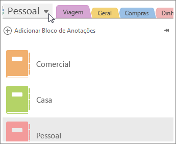 Alterne entre blocos de notas ao utilizar o menu à esquerda.