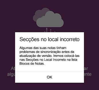 Notificação de secções no local incorreto no OneNote para Android