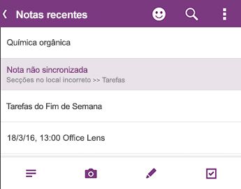 A lista Notas Recentes no OneNote para Android