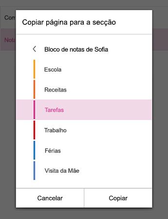O menu Copiar Página para Secção no OneNote para Android