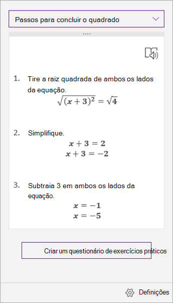 Passos de resolução no painel de tarefas do Assistente de Expressões Matemáticas
