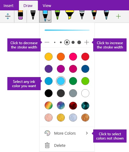 Opções de largura e cor do traço de tinta digital no OneNote para Windows 10