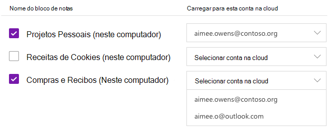 Blocos de notas selecionados para serem carregados para uma conta na nuvem