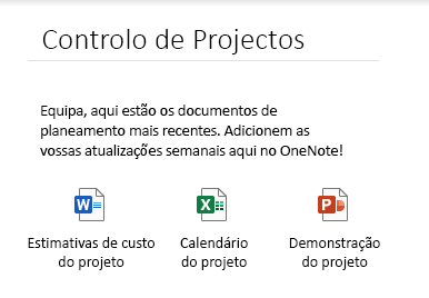 Ficheiros incorporados numa página no OneNote para Windows 10
