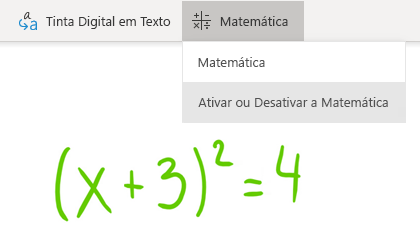 Opção de botão Matemática no OneNote para Windows 10