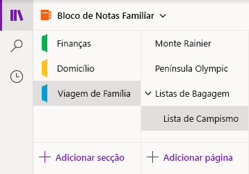 Interface de navegação no OneNote para Windows 10