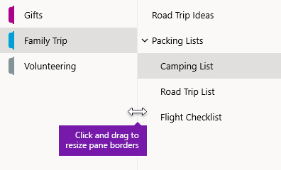 Redimensionar os painéis de navegação no OneNote para Windows 10