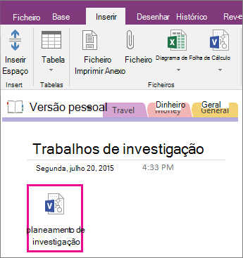 Captura de ecrã a mostrar como anexar um ficheiro do Visio a uma página no OneNote 2016.