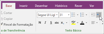 Captura de ecrã do botão Aumentar Avanço no OneNote 2016.