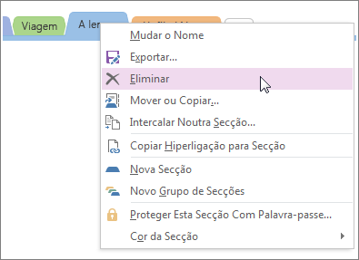 Screenshot of how to delete a section in OneNote 2016.