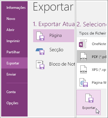 Captura de ecrã de como exportar uma página de notas no OneNote 2016.