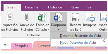 Captura de ecrã do botão Inserir Diagrama no OneNote 2016.
