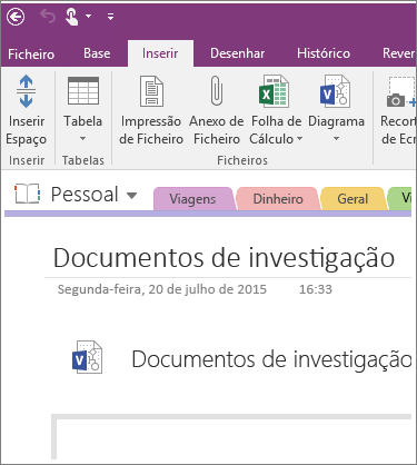 Captura de ecrã a mostrar como inserir um novo diagrama do Visio no OneNote 2016.