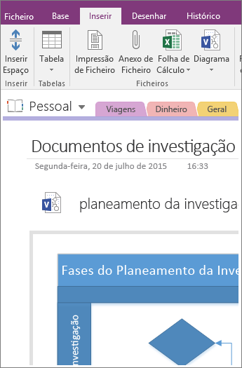 Captura de ecrã a mostrar como adicionar um diagrama existente do Visio no OneNote 2016.