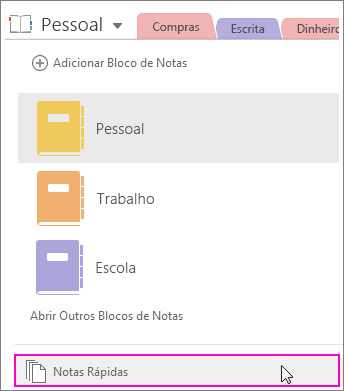 Captura de ecrã do painel dos Blocos de Notas do OneNote 2016 com as Notas Rápidas realçadas