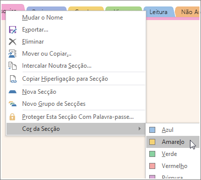 Screenshot of how to change a section color in OneNote 2016.