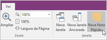 Captura de ecrã do botão Nova Nota Rápida no OneNote 2016.
