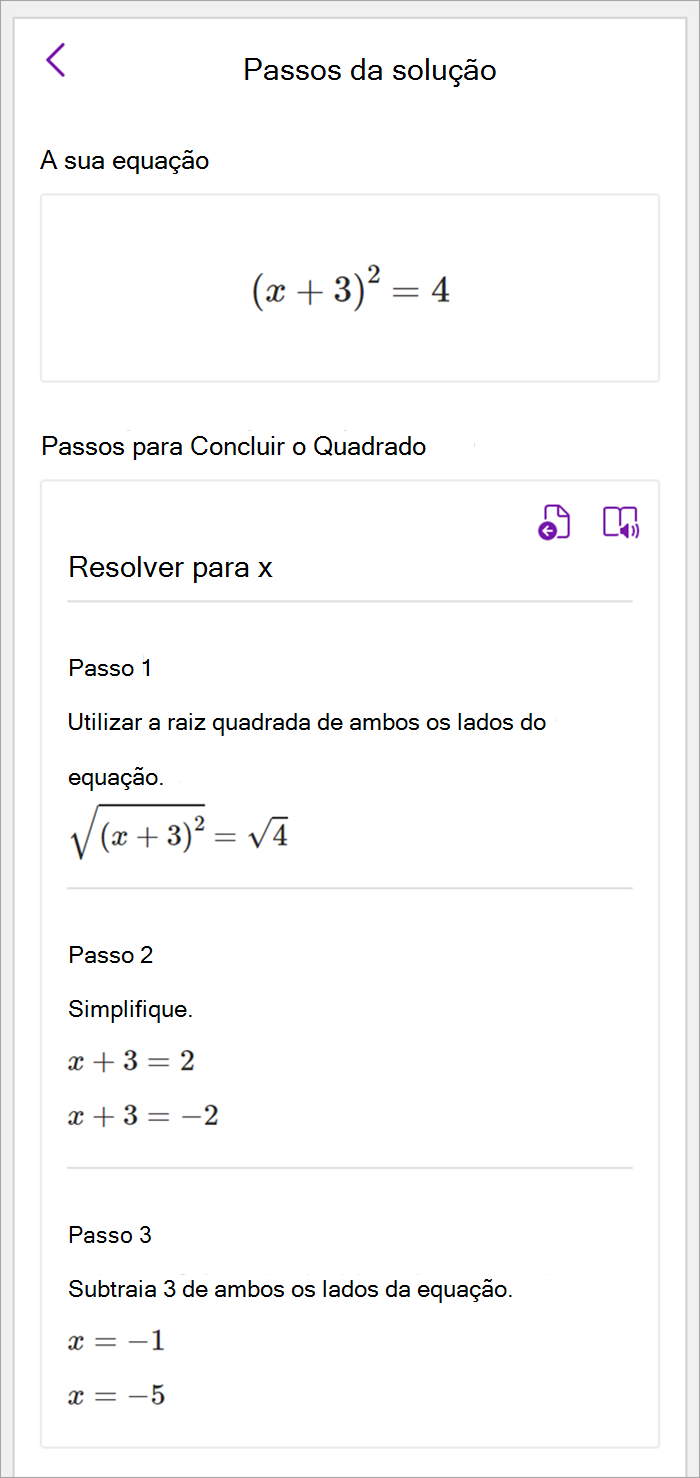 Captura de ecrã do painel de matemática no OneNote para ambiente de trabalho. Os passos da solução são apresentados para utilizar a conclusão do método quadrado para resolver para x.