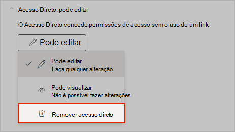Captura de ecrã do OneNote a mostrar como remover o acesso direto à partilha