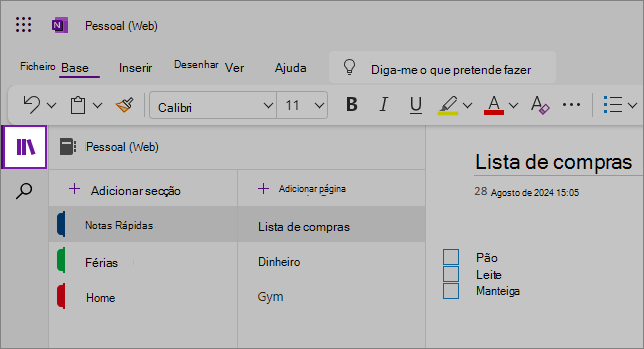 Vista da IU da Web do OneNote a mostrar a área de conteúdo