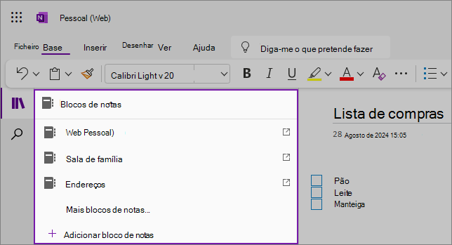 Captura de ecrã da lista de exemplos do menu pendente de blocos de notas do OneNote
