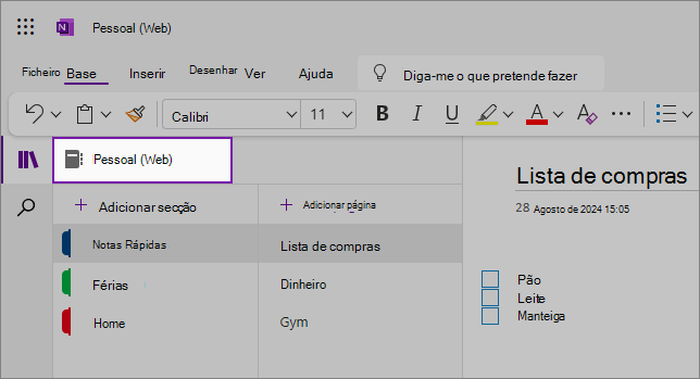 Vista da IU da Web do OneNote mostrando a área de conteúdo