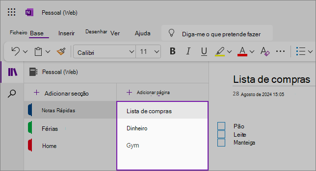 Vista da IU da Web do OneNote mostrando a área de conteúdo