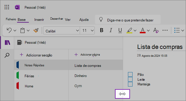 Capturas de ecrã que mostram como redimensionar os painéis de navegação do OneNote