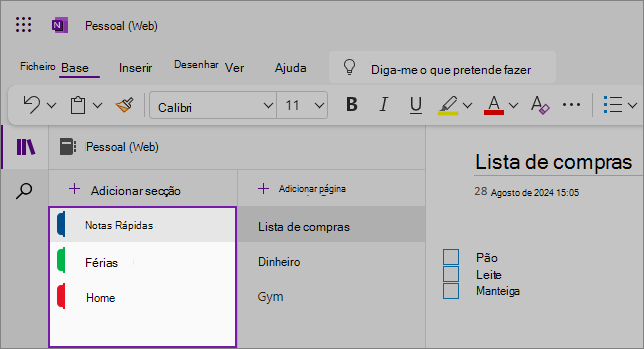 Vista da IU da Web do OneNote mostrando a área de conteúdo