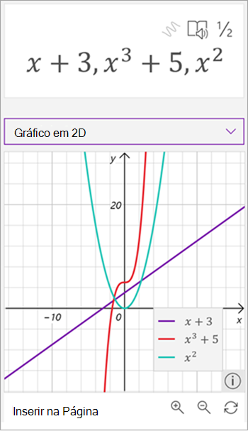 captura de ecrã de matemática assistente gerado gráfico de três equações, x mais 3 em roxo, x para o terceiro mais 5 a vermelho e x ao quadrado a verde.