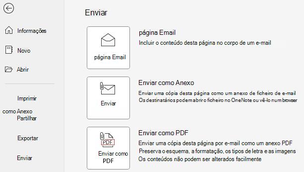 Captura de ecrã dos botões Enviar como Anexo e Enviar como PDF.