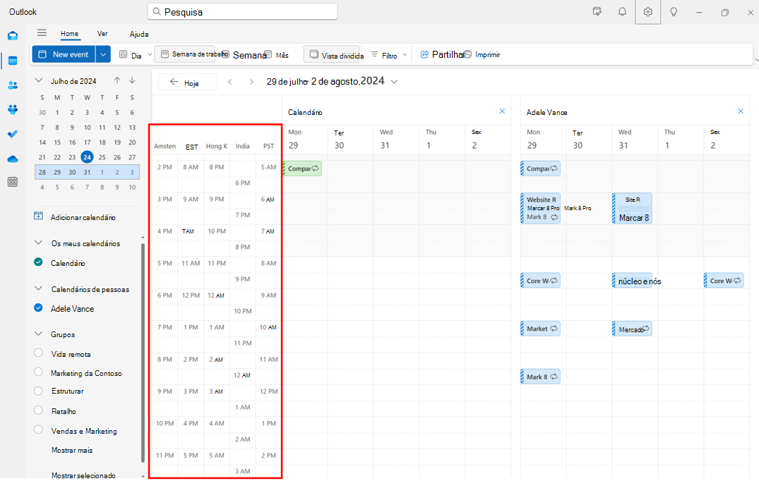 Captura de ecrã a mostrar a adição de vários fusos horários no calendário