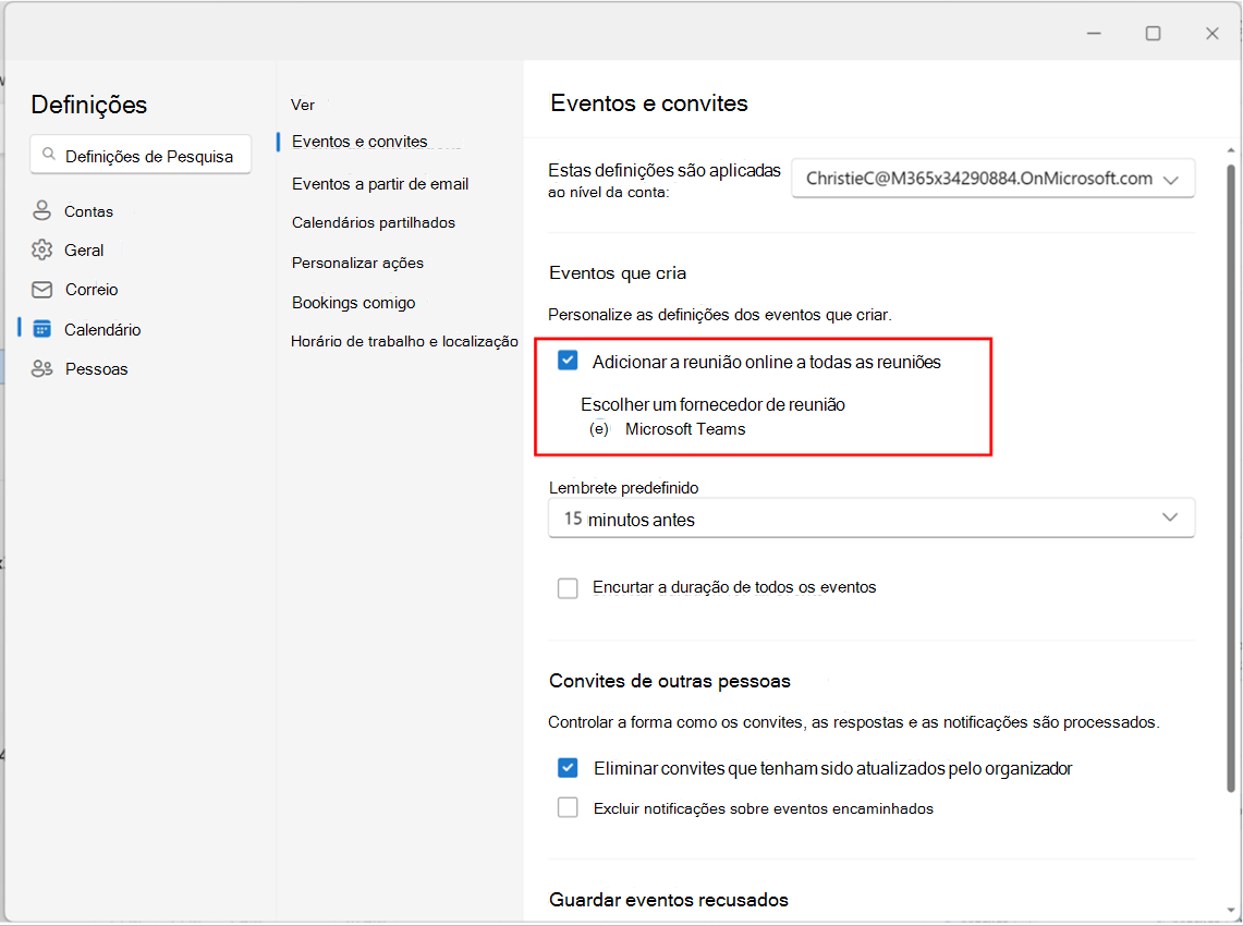 captura de ecrã a mostrar ativar ou desativar a adição de reunião online a todas as reuniões