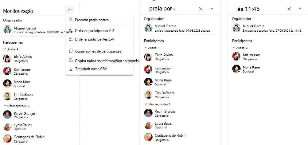 Captura de ecrã de copiar e exportar participantes da reunião