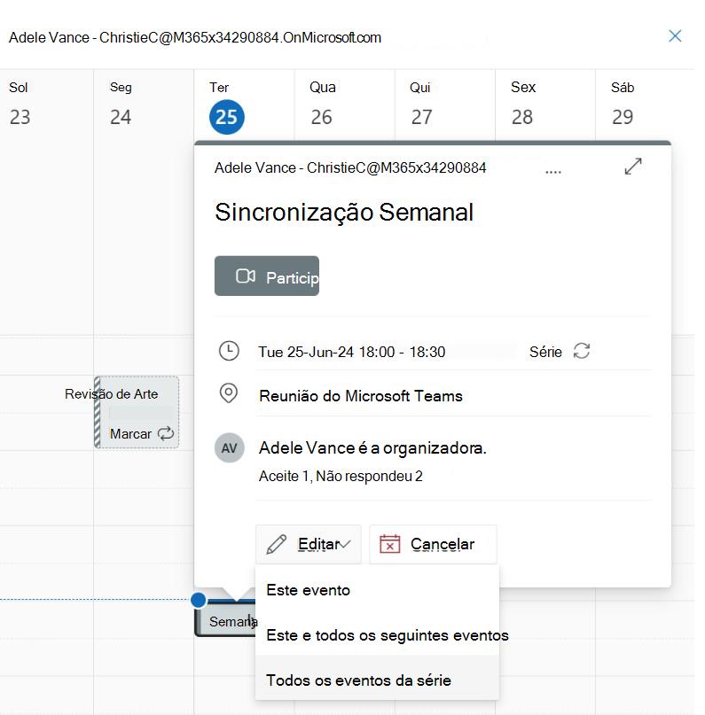 Captura de ecrã a mostrar a edição de eventos em série