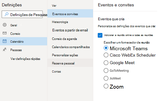 Outlook na Web - selecione o fornecedor de reuniões online predefinido