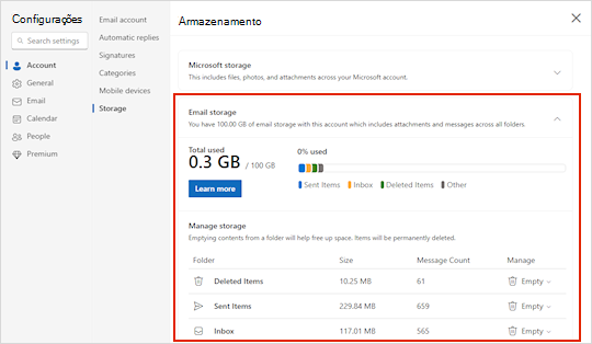 Menu armazenamento para Outlook.com.